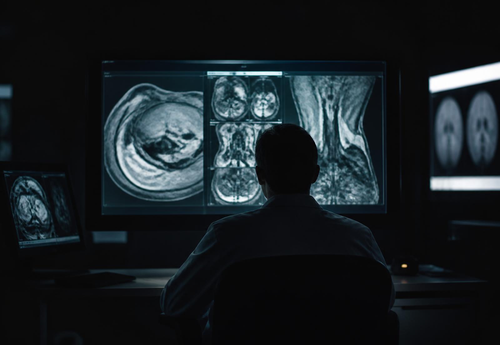 A reporting specialist reviewing volumetric imaging on a calibrated diagnostic display